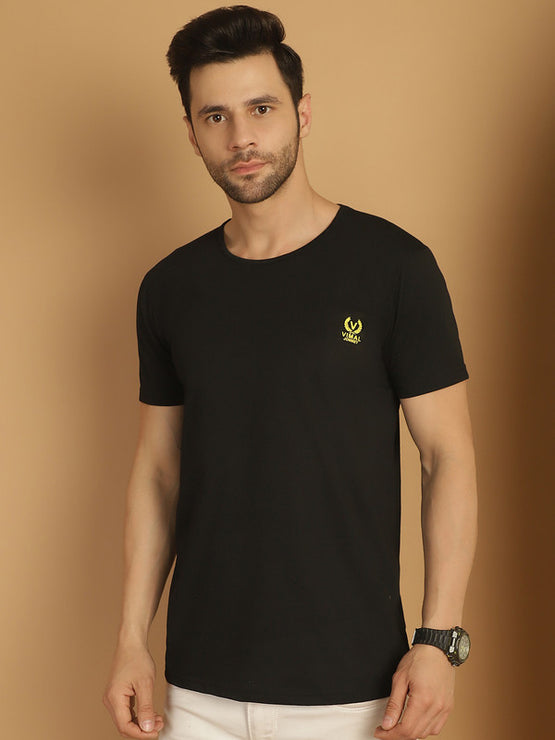 Vimal Jonney Round Neck Cotton Solid Black T-Shirt for Men