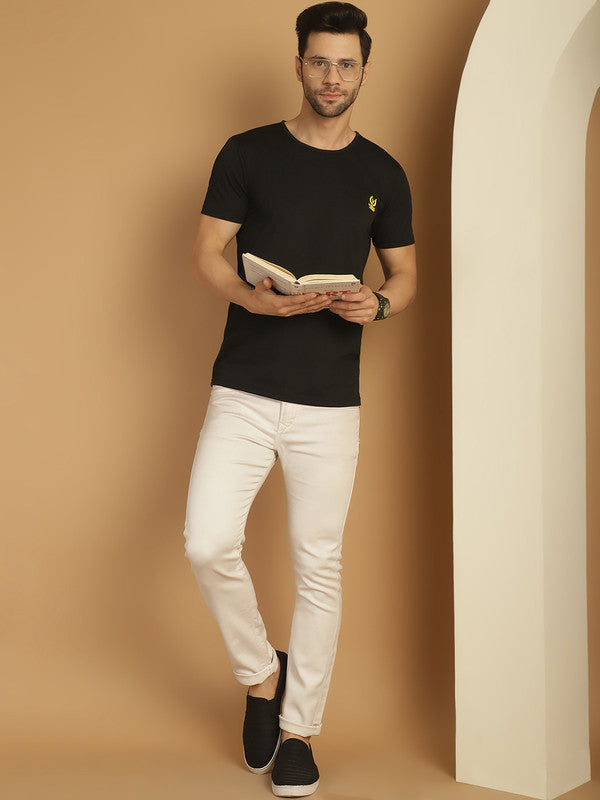 Vimal Jonney Round Neck Cotton Solid Black T-Shirt for Men