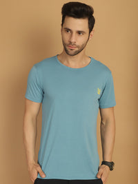 Vimal Jonney Round Neck Cotton Solid Blue T-Shirt for Men