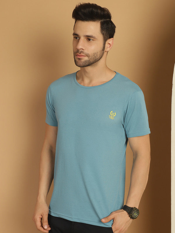 Vimal Jonney Round Neck Cotton Solid Blue T-Shirt for Men