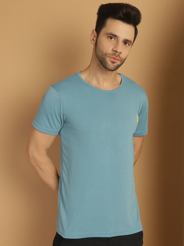 Vimal Jonney Round Neck Cotton Solid Blue T-Shirt for Men