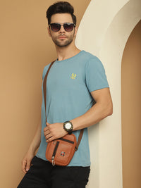 Vimal Jonney Round Neck Cotton Solid Blue T-Shirt for Men