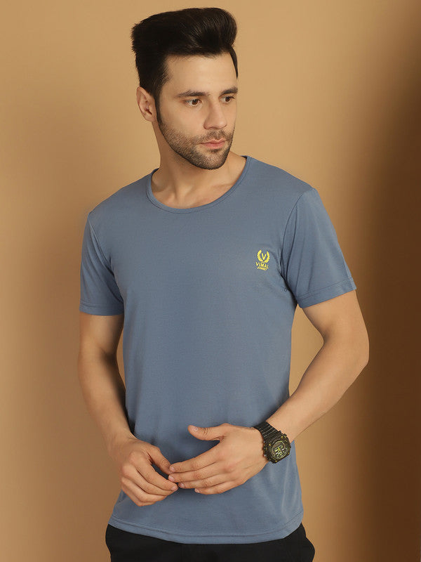 Vimal Jonney Round Neck Cotton Solid Dark Grey T-Shirt for Men