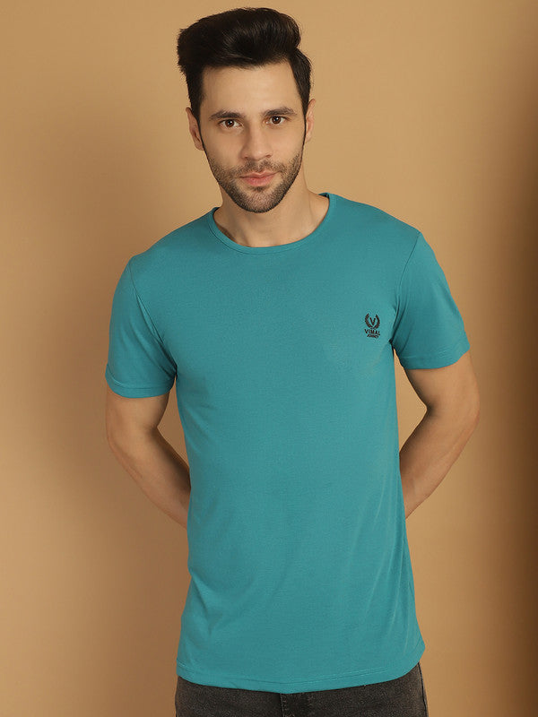 Vimal Jonney Round Neck Cotton Solid Ferozi T-Shirt for Men
