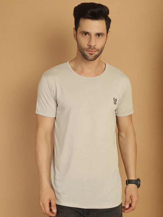 Vimal Jonney Round Neck Cotton Solid Light Grey T-Shirt for Men