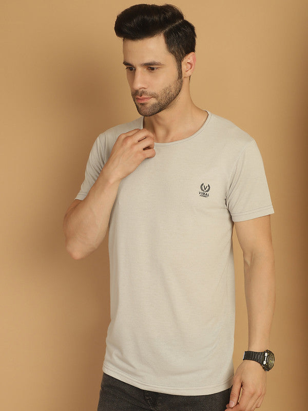 Vimal Jonney Round Neck Cotton Solid Light Grey T-Shirt for Men