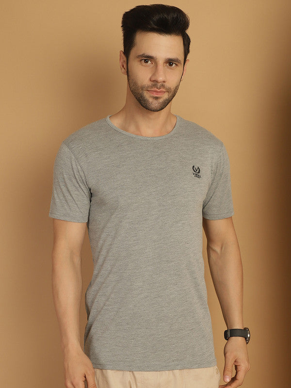 Vimal Jonney Round Neck Cotton Solid Grey Melange T-Shirt for Men