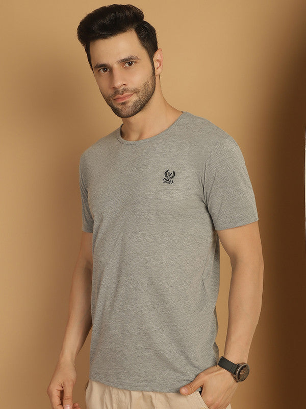 Vimal Jonney Round Neck Cotton Solid Grey Melange T-Shirt for Men