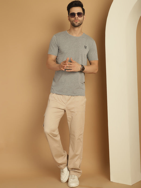 Vimal Jonney Round Neck Cotton Solid Grey Melange T-Shirt for Men