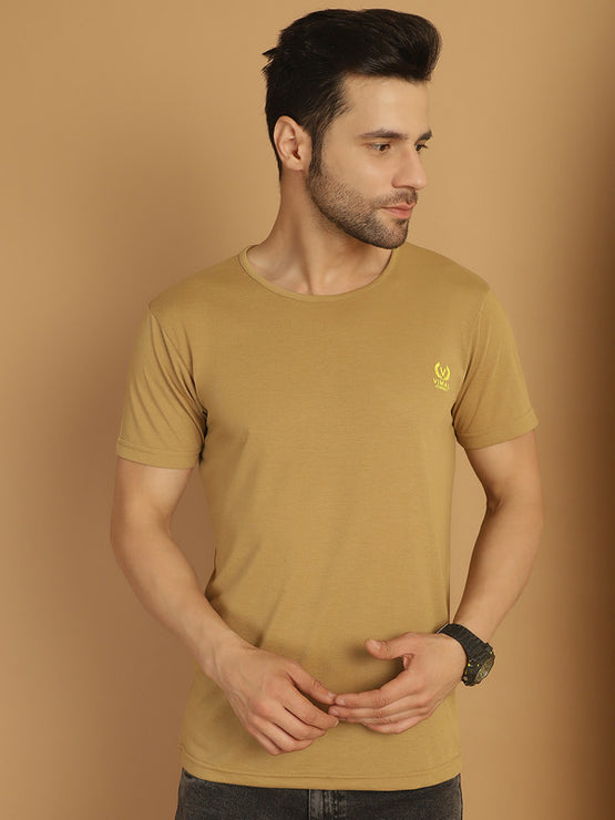 Vimal Jonney Round Neck Cotton Solid Mud T-Shirt for Men