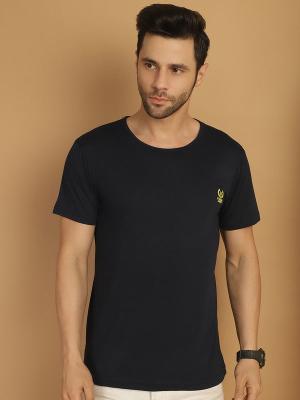 Vimal Jonney Round Neck Cotton Solid Navy Blue T-Shirt for Men