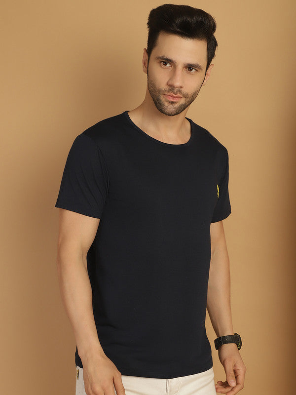 Vimal Jonney Round Neck Cotton Solid Navy Blue T-Shirt for Men