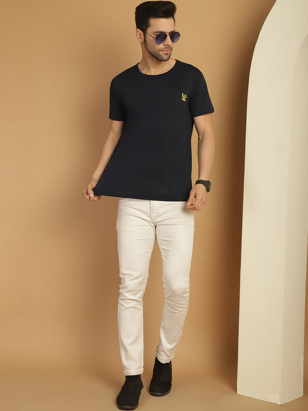 Vimal Jonney Round Neck Cotton Solid Navy Blue T-Shirt for Men