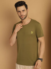 Vimal Jonney Round Neck Cotton Solid Olive T-Shirt for Men