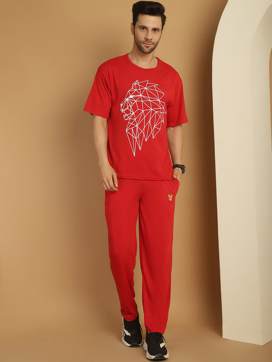 Vimal Jonney Printed  Red Round Neck Cotton Oversize Half sleeves Co-ord set Tracksuit For Men