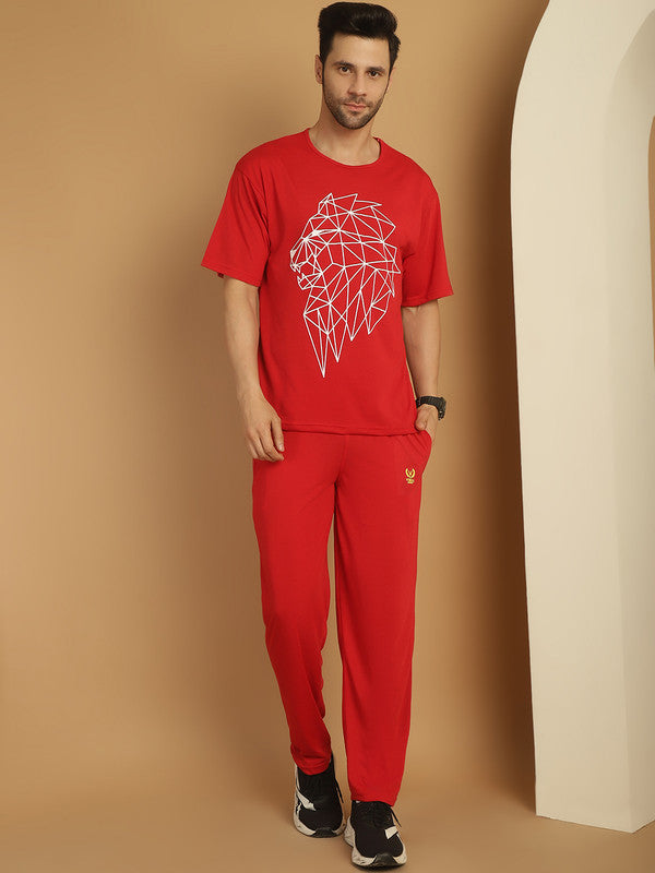 Vimal Jonney Printed  Red Round Neck Cotton Oversize Half sleeves Co-ord set Tracksuit For Men