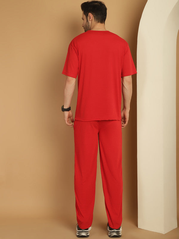 Vimal Jonney Printed  Red Round Neck Cotton Oversize Half sleeves Co-ord set Tracksuit For Men