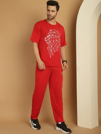 Vimal Jonney Printed  Red Round Neck Cotton Oversize Half sleeves Co-ord set Tracksuit For Men