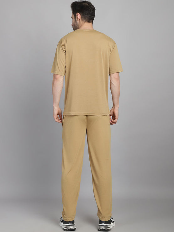 Vimal Jonney Printed  Beige Round Neck Cotton Oversize Half sleeves Co-ord set Tracksuit For Men