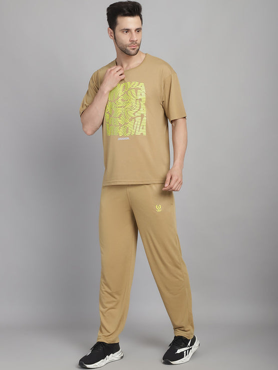 Vimal Jonney Printed  Beige Round Neck Cotton Oversize Half sleeves Co-ord set Tracksuit For Men