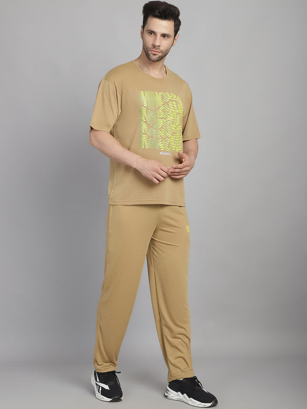 Vimal Jonney Printed  Beige Round Neck Cotton Oversize Half sleeves Co-ord set Tracksuit For Men