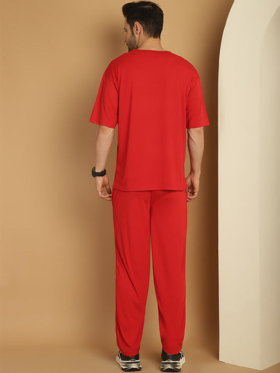 Vimal Jonney Printed  Red Round Neck Cotton Oversize Half sleeves Co-ord set Tracksuit For Men