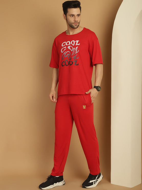 Vimal Jonney Printed  Red Round Neck Cotton Oversize Half sleeves Co-ord set Tracksuit For Men