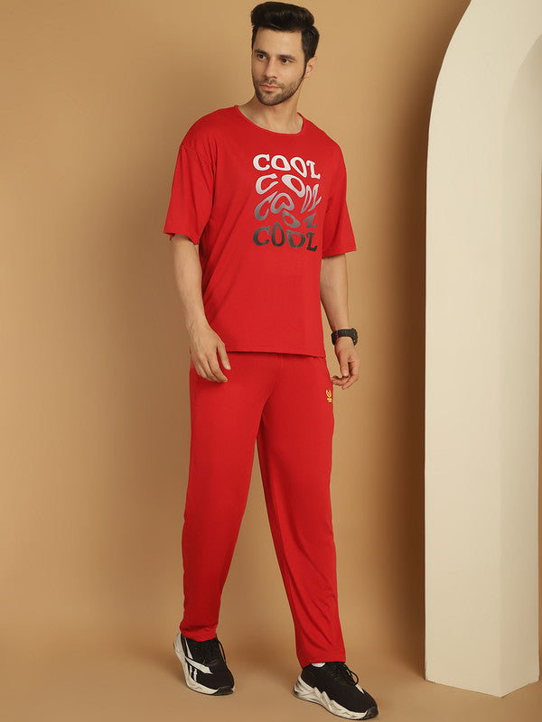 Vimal Jonney Printed  Red Round Neck Cotton Oversize Half sleeves Co-ord set Tracksuit For Men