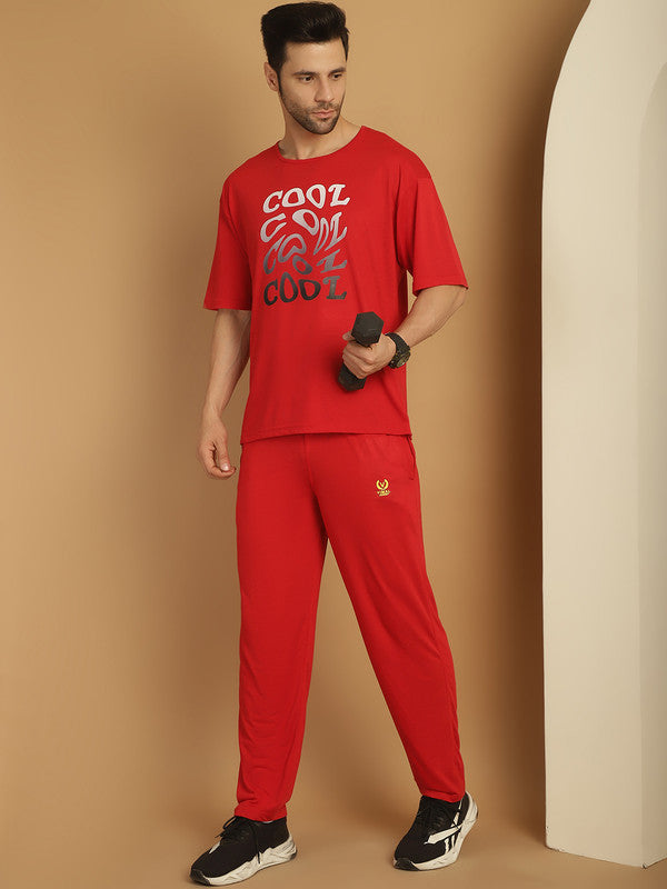 Vimal Jonney Printed  Red Round Neck Cotton Oversize Half sleeves Co-ord set Tracksuit For Men