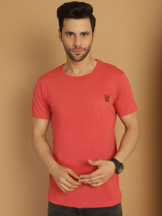 Vimal Jonney Round Neck Cotton Solid Pink T-Shirt for Men