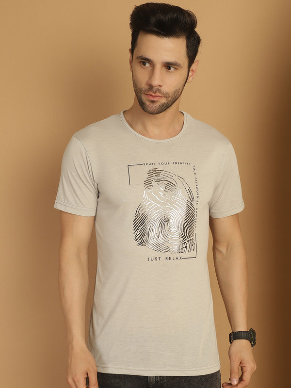 Vimal Jonney Round Neck Cotton Printed Light Grey T-Shirt for Men
