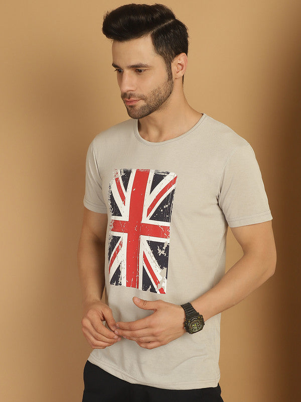 Vimal Jonney Round Neck Cotton Printed Grey Melange T-Shirt for Men