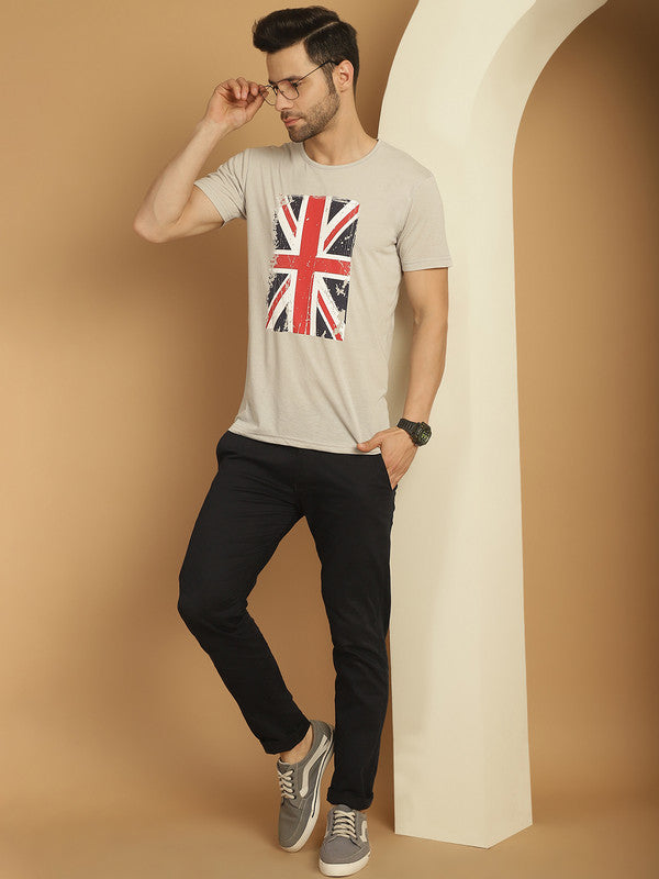 Vimal Jonney Round Neck Cotton Printed Grey Melange T-Shirt for Men