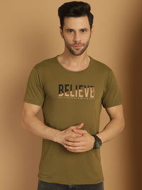 Vimal Jonney Round Neck Cotton Printed Olive T-Shirt for Men