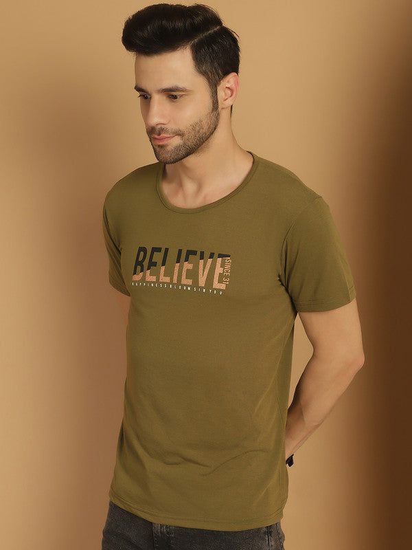 Vimal Jonney Round Neck Cotton Printed Olive T-Shirt for Men