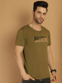 Vimal Jonney Round Neck Cotton Printed Olive T-Shirt for Men