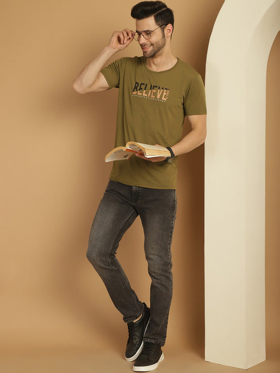 Vimal Jonney Round Neck Cotton Printed Olive T-Shirt for Men