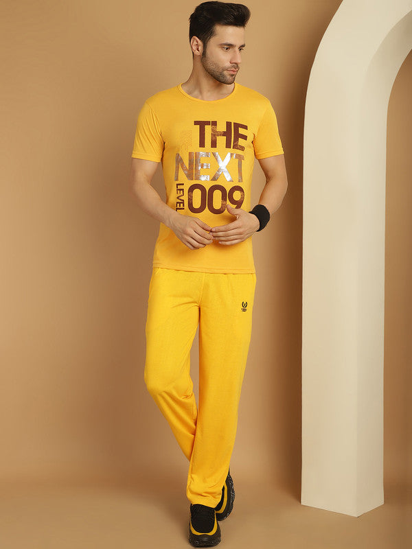 Vimal Jonney Yellow Cotton Printed Co-ord Set Tracksuit For Men(Zip On 1 Side Pocket)