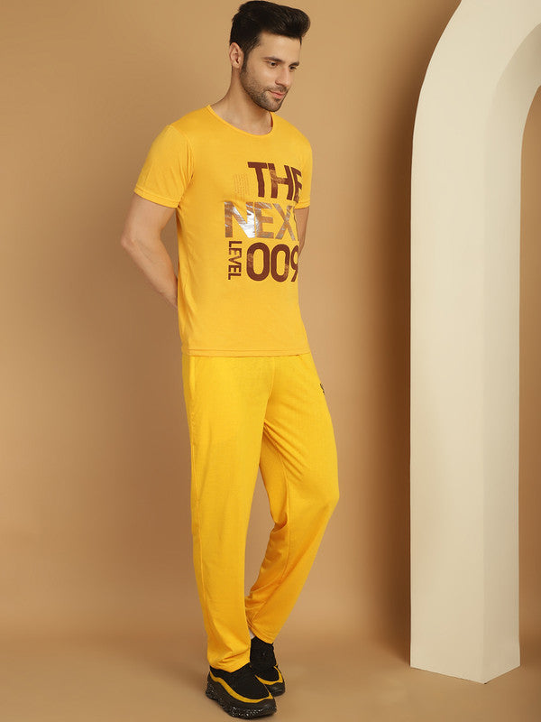 Vimal Jonney Yellow Cotton Printed Co-ord Set Tracksuit For Men(Zip On 1 Side Pocket)