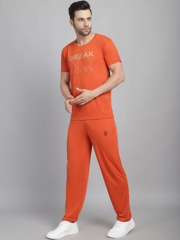 Vimal Jonney Rust Cotton Printed Co-ord Set Tracksuit For Men(Zip On 1 Side Pocket)