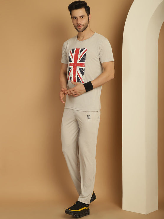 Vimal Jonney Grey Melange Cotton Printed Co-ord Set Tracksuit For Men(Zip On 1 Side Pocket)