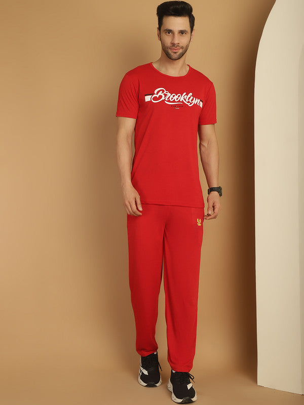 Vimal Jonney Red Cotton Printed Co-ord Set Tracksuit For Men(Zip On 1 Side Pocket)