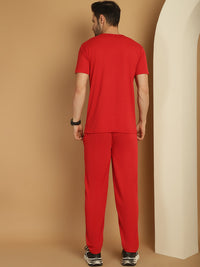 Vimal Jonney Red Cotton Printed Co-ord Set Tracksuit For Men(Zip On 1 Side Pocket)