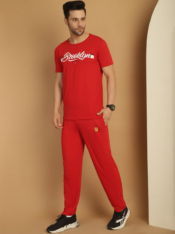 Vimal Jonney Red Cotton Printed Co-ord Set Tracksuit For Men(Zip On 1 Side Pocket)