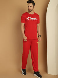 Vimal Jonney Red Cotton Printed Co-ord Set Tracksuit For Men(Zip On 1 Side Pocket)