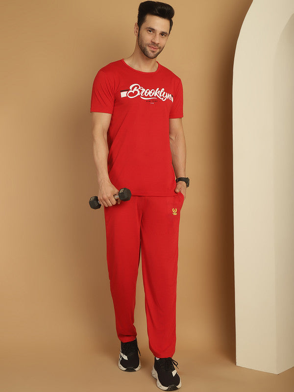 Vimal Jonney Red Cotton Printed Co-ord Set Tracksuit For Men(Zip On 1 Side Pocket)