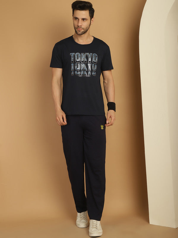 Vimal Jonney Navy Blue Cotton Printed Co-ord Set Tracksuit For Men(Zip On 1 Side Pocket)