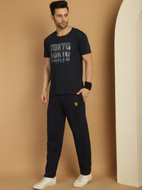 Vimal Jonney Navy Blue Cotton Printed Co-ord Set Tracksuit For Men(Zip On 1 Side Pocket)