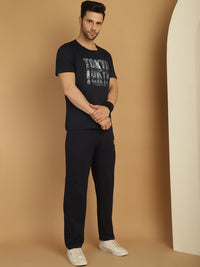 Vimal Jonney Navy Blue Cotton Printed Co-ord Set Tracksuit For Men(Zip On 1 Side Pocket)