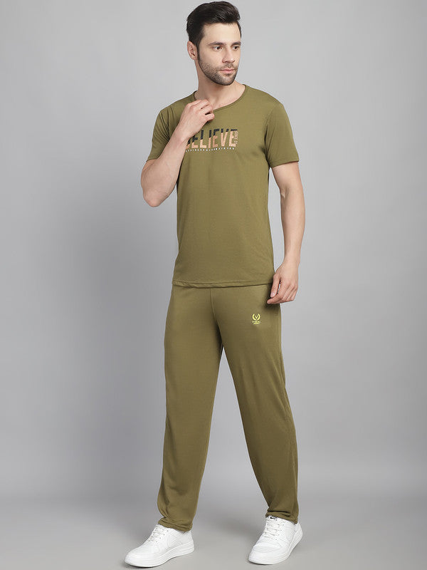 Vimal Jonney Olive Cotton Printed Co-ord Set Tracksuit For Men(Zip On 1 Side Pocket)